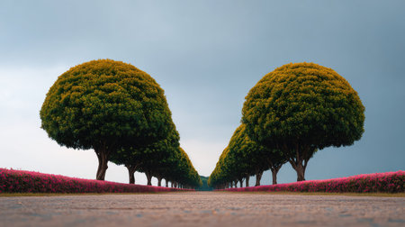 A beautiful garden pathway lined with lush ornamental trees and vibrant flowers under a dramatic sky, perfect for nature lovers and serene outdoor experiences.の素材