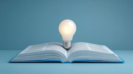 An open book with a glowing light bulb placed on top, illustrating the connection between knowledge and inspiration in a modern educational context.の素材