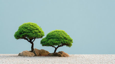 This image features two vibrant bonsai trees set against a soft blue background, surrounded by white gravel, creating a tranquil and harmonious scene perfect for nature lovers.の素材