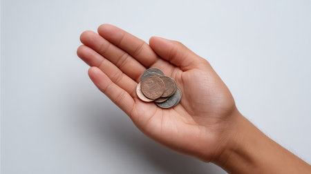 A hand displays an assortment of coins on a clean background, illustrating themes of currency, finance, and everyday economic transactions in modern life.の素材