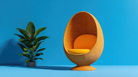 A striking yellow egg chair positioned next to a lush green plant on a bright blue backdrop, perfect for contemporary interior designs and modern living spaces.の素材