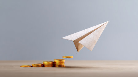 A paper airplane ascends above a stack of golden coins, creatively illustrating financial growth and investment. This unique concept inspires visions of success and achievement in business.の素材