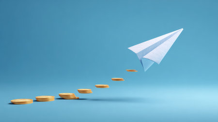 A creative concept image featuring a paper airplane flying towards a trail of golden coins, symbolizing the pursuit of financial success and entrepreneurial journeys.の素材