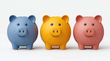 Three colorful piggy banks in blue, yellow, and pink emphasize the importance of saving and budgeting while adding a fun and playful touch to financial education for all ages.の素材