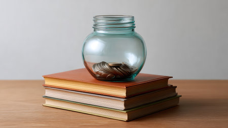 A glass jar filled with coins rests on three stacked books, representing the harmony between finance and education, highlighting themes of saving, investment, and personal growth.の素材
