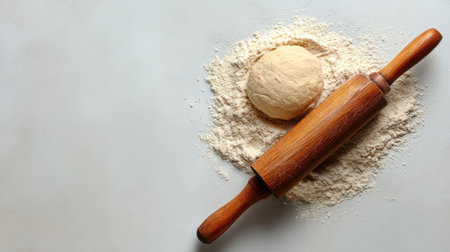 A wooden rolling pin rests beside a mound of dough and flour, set against a light surface, ideal for capturing the essence of home baking and culinary creativity.の素材