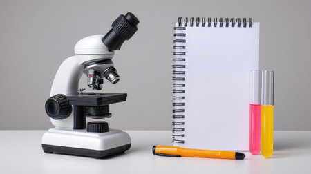 A laboratory microscope with a notepad and colorful test tubes on a white surface, ideal for promoting science education, research, and experimentation in biology and chemistry.の素材