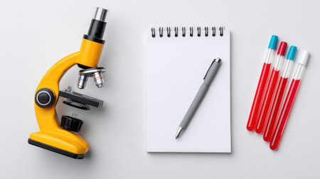 A vibrant yellow microscope sits beside a blank notebook and colorful markers on a clean white surface, symbolizing creativity and scientific inquiry for educators and students alike.の素材