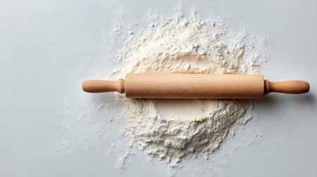 A wooden rolling pin rests on a light countertop, surrounded by a mound of flour, showcasing a perfect setup for baking and culinary creativity in any kitchen.の素材