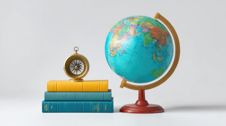 Vintage globe and compass positioned atop colorful books, symbolizing travel, exploration, and education in a creative arrangement against a clean white background.の素材