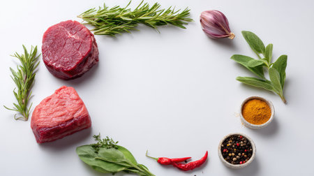 Vibrant arrangement of fresh beef cuts with various herbs and spices on a sleek white surface, ideal for food styling, recipe creation, and culinary inspiration.の素材