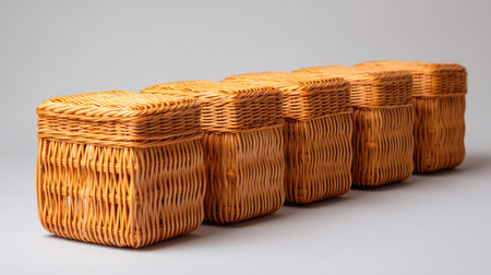 A collection of five beautifully woven wicker baskets arranged in a row, showcasing craftsmanship and offering stylish solutions for organizing any space with a natural touch.の素材