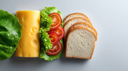 A vibrant arrangement of sandwich ingredients including cheese, lettuce, tomato, and bread, perfect for showcasing healthy eating and meal preparation concepts in food photography.の素材