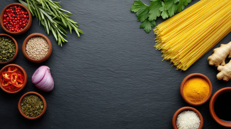 A stunning arrangement of fresh ingredients, including herbs, spices, and pasta, laid out on a dark slate background for a perfect culinary inspiration or food styling presentation.の素材