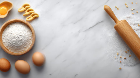 A beautifully arranged selection of baking ingredients on a marble surface, showcasing eggs, flour, butter, and a rolling pin for culinary projects. Ideal for recipe illustrations.の素材
