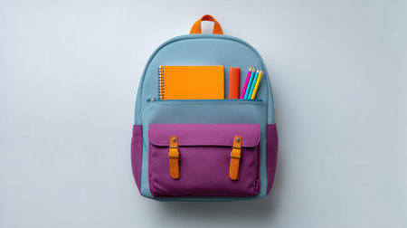A vibrant, stylish backpack ideal for school, featuring essential stationery like a notebook and colorful pens, perfect for students seeking organization and fun.の素材