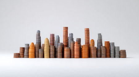 This artistic representation of a city skyline uses variously stacked coins to symbolize financial growth and investment opportunities in a minimalist setting.の素材