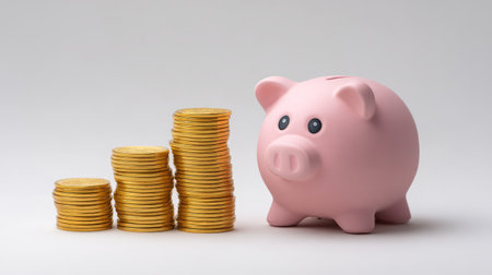 A charming pink piggy bank sits alongside stacks of shiny coins, representing the journey of saving money and making wise financial choices for a secure future.の素材
