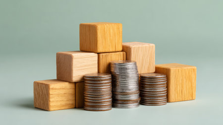 A visually appealing arrangement of wooden blocks and coin stacks on a soft green backdrop, symbolizing financial growth and strategic investment concepts in a modern design.の素材