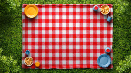 A lively picnic setting featuring a red and white checkered blanket on green grass, surrounded by colorful plates and bowls filled with snacks, perfect for outdoor fun.の素材