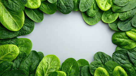 A vibrant arrangement of fresh green leafy vegetables artfully frames an empty space, ideal for health and wellness themes in culinary presentations and dietary advertisements.の素材