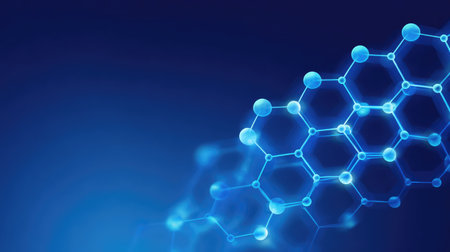 Digital illustration of molecular structure with blue hexagonal patterns and connecting dots, representing technology, science, and innovation in a captivating abstract background.の素材