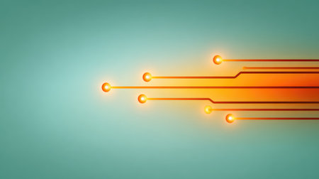 Futuristic abstract background with glowing orange lines and dots, conveying energy and technological advancement against a soft blue backdrop, ideal for tech-themed projects.の素材