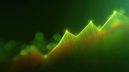 Vibrant abstract image featuring a digital financial chart in shades of green, symbolizing market trends and fluctuations, perfect for business or technology-related projects.の素材
