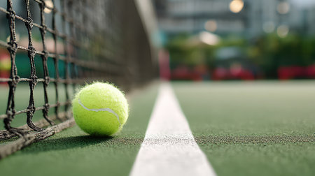 A vibrant tennis ball sits near the net on a green court, capturing the essence of outdoor sports with a blurred background that highlights action and dynamism in the game.の素材