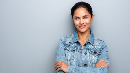 A confident woman in a denim jacket smiles warmly against a grey background, representing positivity and a relaxed lifestyle for various creative projects.の素材