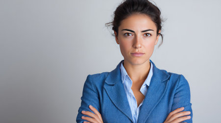 A young businesswoman showcases confidence with her arms crossed in a stylish blue suit. The neutral background accentuates her serious expression, reflecting determination and professionalism.の素材