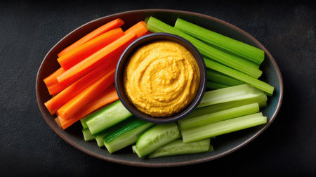 A beautifully arranged platter of fresh carrots, celery, and cucumbers served with a creamy dip, perfect for healthy snacking, meal prep, or entertaining guests.の素材