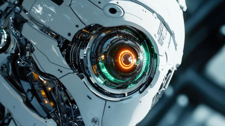 Robotic eye with glowing lens focusing in a dark room, surveillance and AI vision with space for designの素材