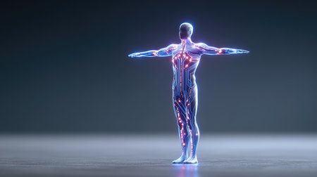 Stunning 3D representation of a human body showcasing illuminated circuits, perfect for educational purposes and modern artistic projects in science and technology.の素材