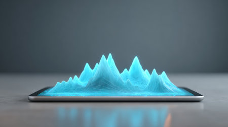 A striking digital representation of sound waves on a tablet screen, showcasing vivid blue peaks in a modern setting, symbolizing the harmony between technology and creativity.の素材