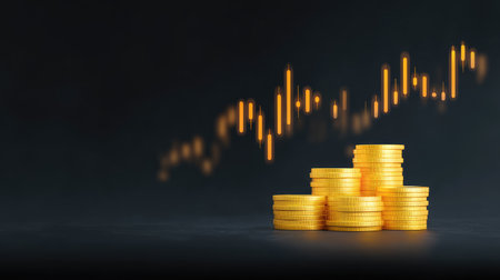 A visually striking image featuring a stack of gold coins paired with a rising financial graph, illustrating the concepts of wealth growth and investment strategy in today's market.の素材