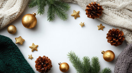 A charming flat lay featuring Christmas ornaments, pine cones, and golden stars arranged among cozy knit backgrounds, evoking a warm holiday spirit and inviting seasonal joy.の素材