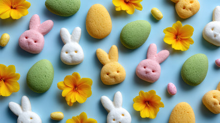 A delightful arrangement of vibrant bunny marshmallows and eggs surrounded by cheerful yellow flowers on a soft blue backdrop, perfect for Easter festivities.の素材