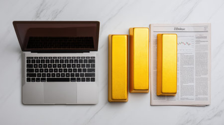 A modern workspace featuring a laptop, golden bars, and a newspaper, reflecting themes of wealth, investment, and financial strategy in a stylish office setting.の素材
