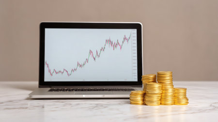 A modern laptop shows an upward stock market trend alongside golden coins arranged on a marble surface, symbolizing investment growth and financial success.の素材