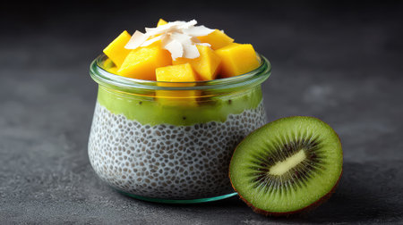 A vibrant chia seed pudding topped with fresh mango and kiwi slices, served in a glass jar. This healthy dessert embodies freshness and flavor, perfect for any meal or snack.の素材