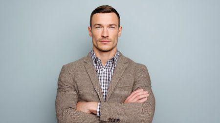 A confident businessman stands with his arms crossed, showcasing a stylish brown blazer against a soft blue backdrop. His serious expression conveys professionalism and determination.の素材