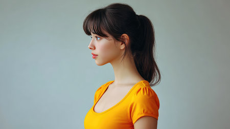 A captivating side profile of a young woman with brunette hair, wearing a vibrant orange top. The soft neutral background enhances her thoughtful expression and natural beauty.の素材