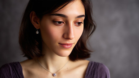 A thoughtful young woman is depicted in a serene portrait, highlighting her graceful features and elegant jewelry against a softly blurred background.の素材