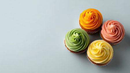 A beautiful arrangement of four vibrant cupcakes with colorful frosting, showcasing delightful flavors and artistic presentation, perfect for any celebration or sweet occasion.の素材