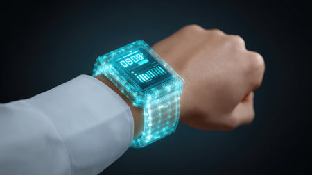 This image features a futuristic smartwatch with a digital interface, highlighting innovative technology in a stylish and modern design, perfect for tech enthusiasts and creatives.の素材