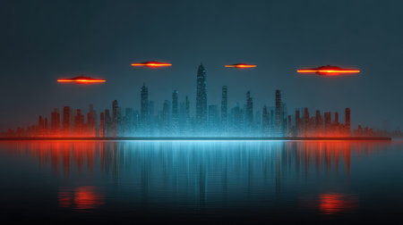 A captivating futuristic city skyline at night with hovering UFOs above calm water. The scene captures an eerie yet intriguing atmosphere with vivid colors and reflections.の素材