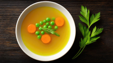 This appealing bowl of vegetable soup features green peas and carrot slices in a bright broth, enhanced by fresh parsley for a perfect healthy meal presentation.の素材