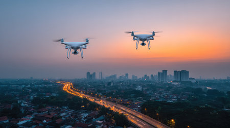 A stunning view of two drones in flight over a bustling city at sunset, capturing the beauty of urban landscapes and modern technological innovation in aerial photography.の素材