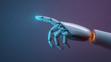 A sleek robotic hand gracefully points with a glowing blue tip against a vibrant purple backdrop. This image embodies the essence of technology and innovation in contemporary design.の素材
